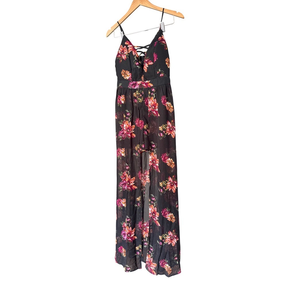 Ambiance Romper Dress Size Large High Low Spaghetti Strap Sundress Black Floral